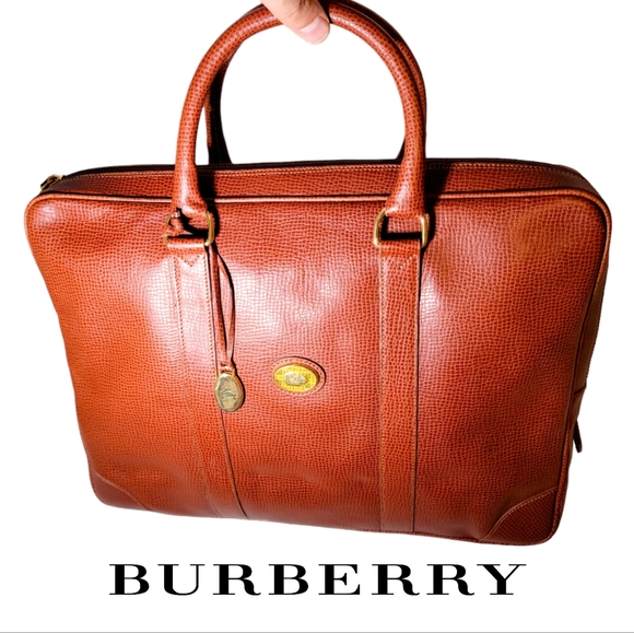BURBERRY Rare Vintage Business Bag Brown Leather Handbag Burberrys Nova Check - Picture 1 of 13